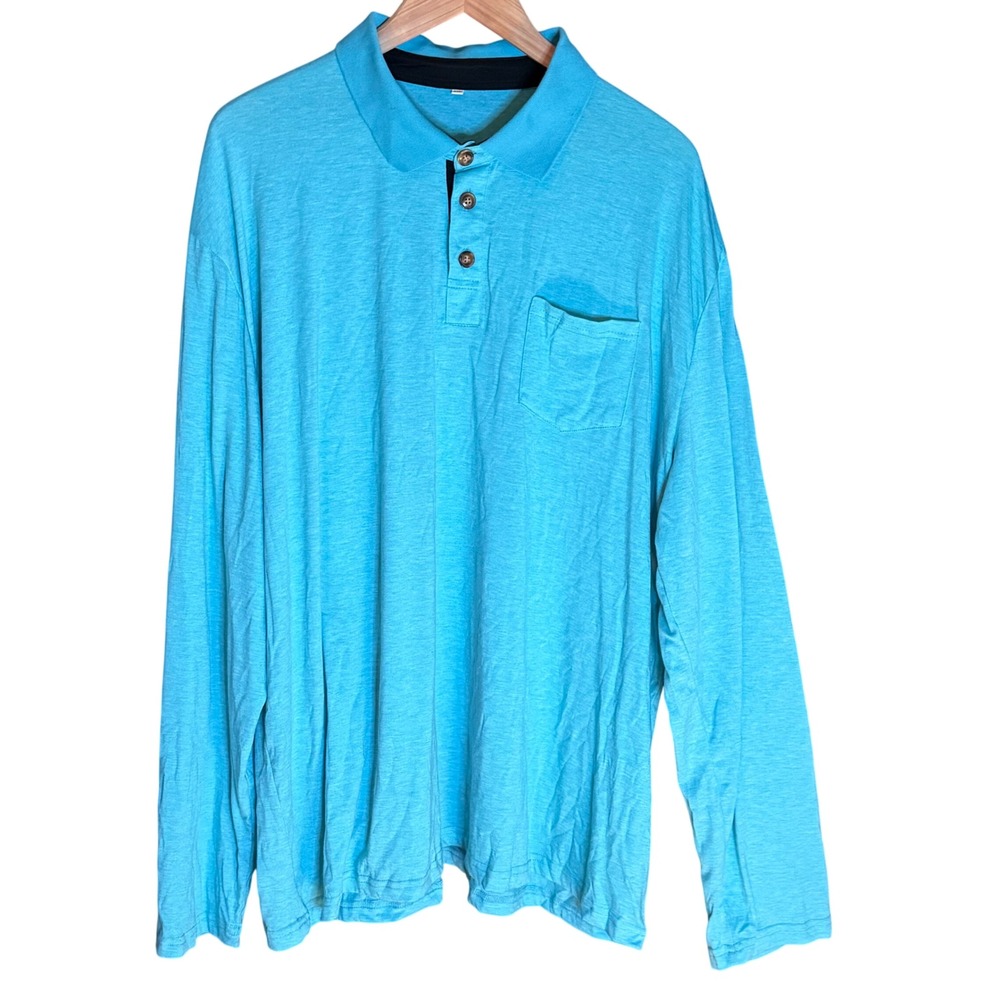 Aqua Blue Long Sleeve Polo‎ Shirt Men's 3XL Button Neck Pocket Casual